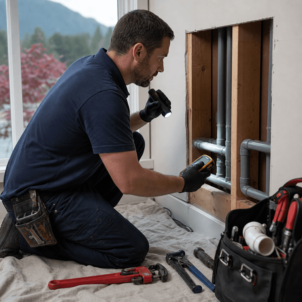 Plumber inspecting poly B polybutylene pipes in a Burnaby home utility room