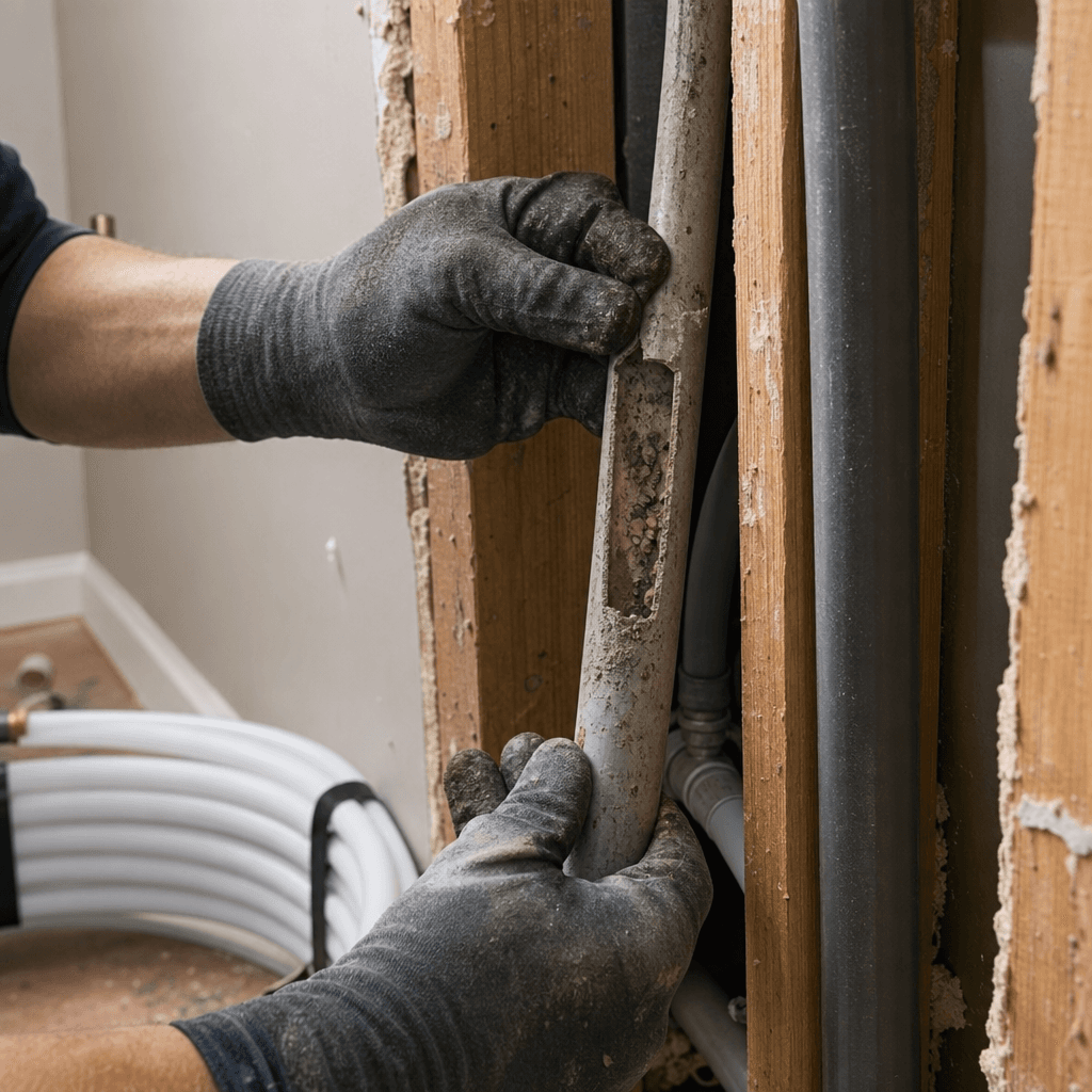 Plumber reviewing poly B replacement quote with Burnaby homeowner